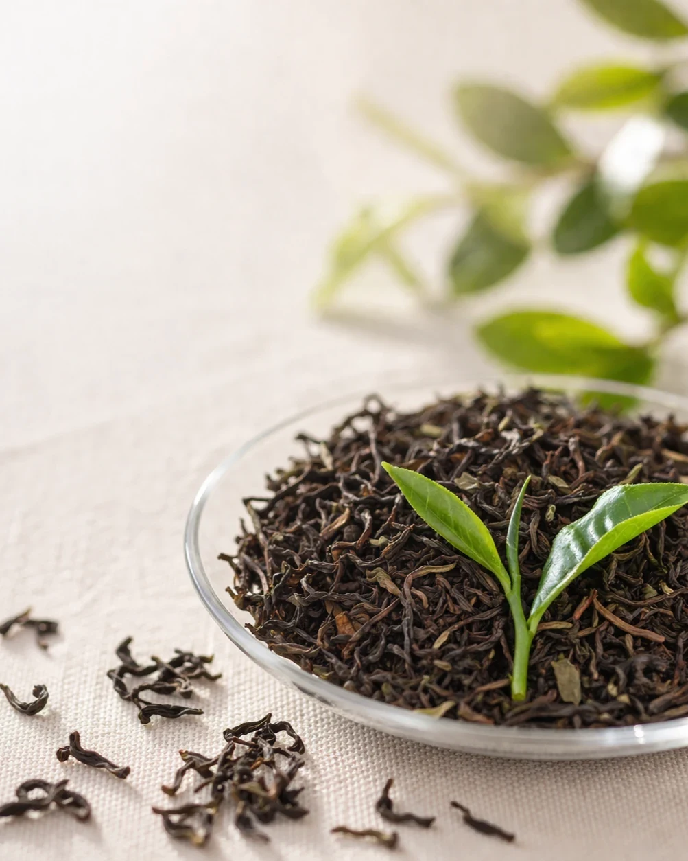Tea leaves and a fresh sprout on a white plate