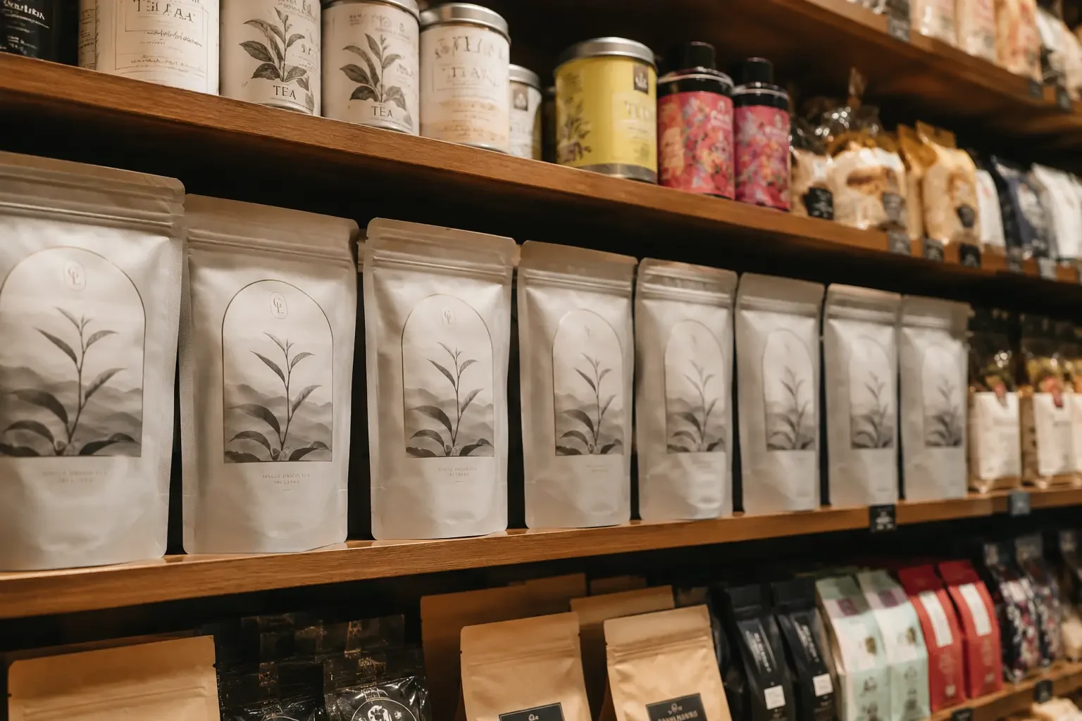 Original private-brand tea packages lined up on a store shelf